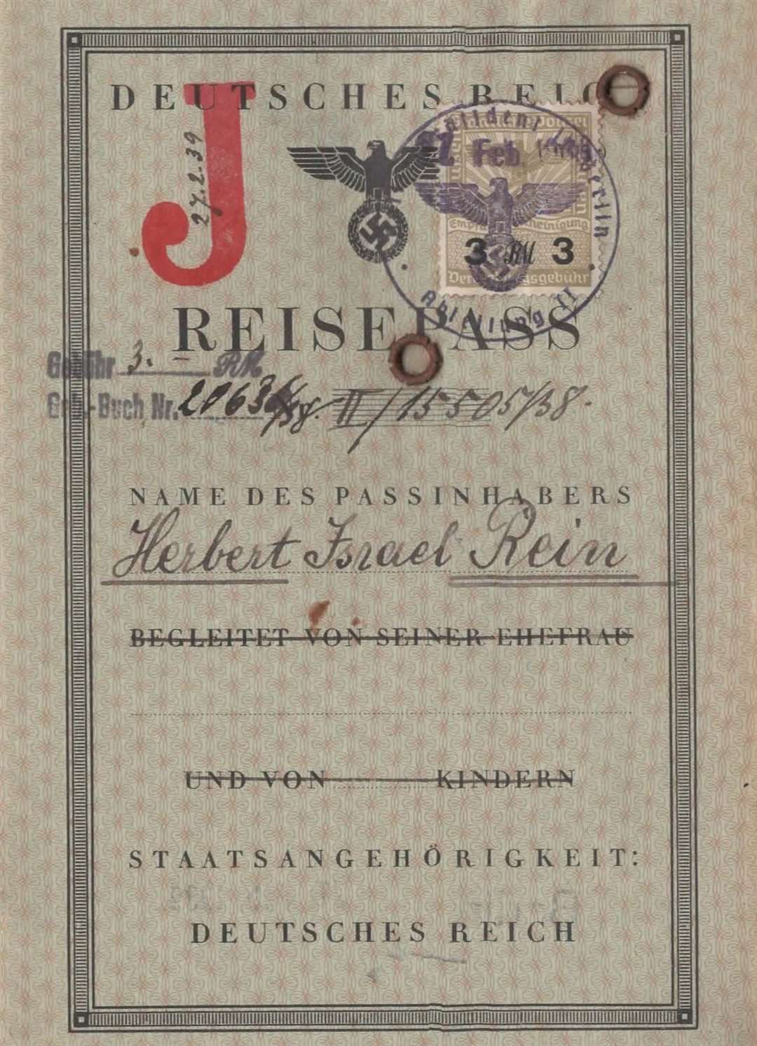 German Passport issued to Herbert Rein in 1939. Credit: Eric Rein