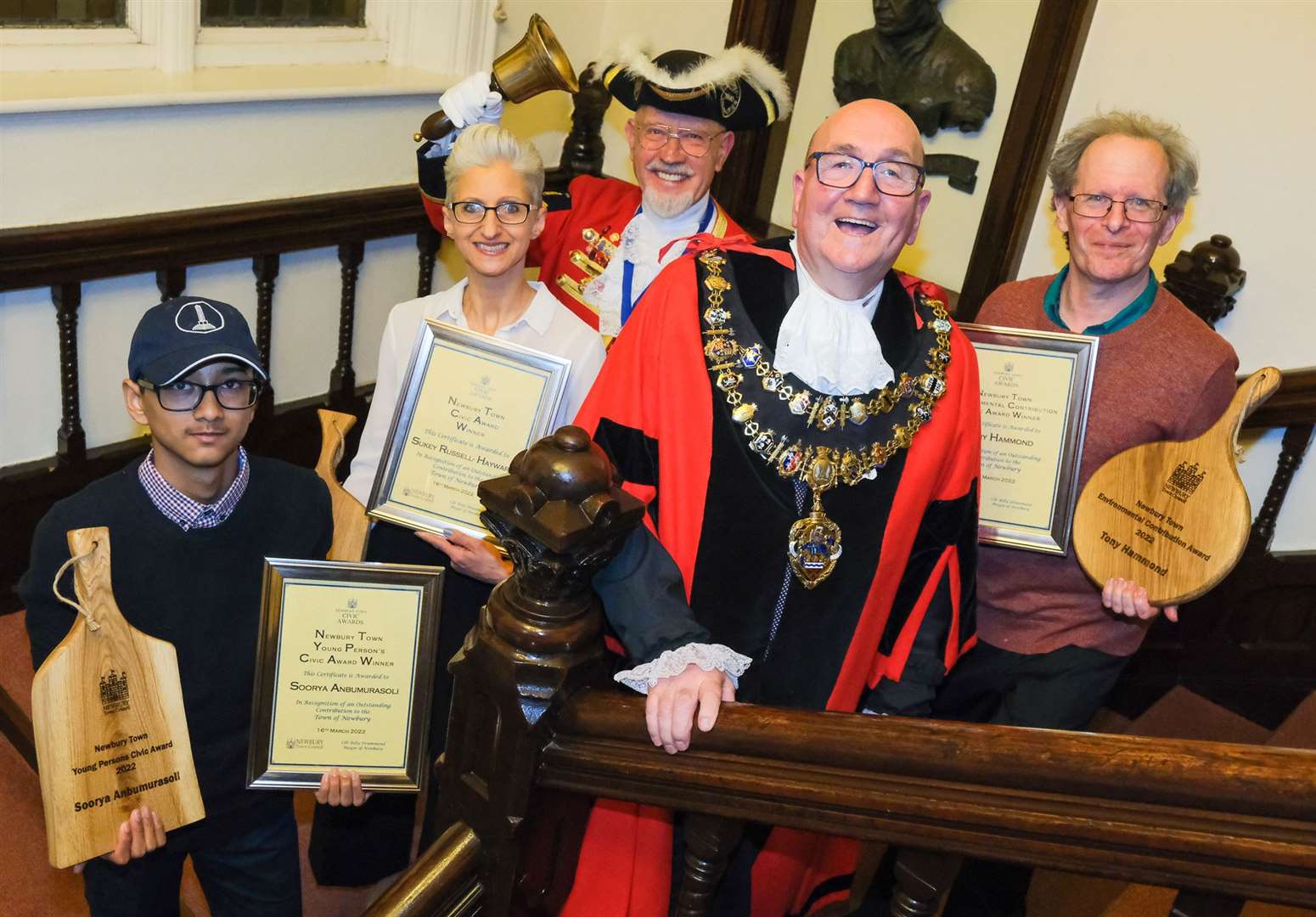 Newbury Civic Awards - Soorya Anbumurasoli, Sukey Russell Hayward, town crier Brian Sylvester, mayor of Newbury Billy Drummond and Tony Hammond