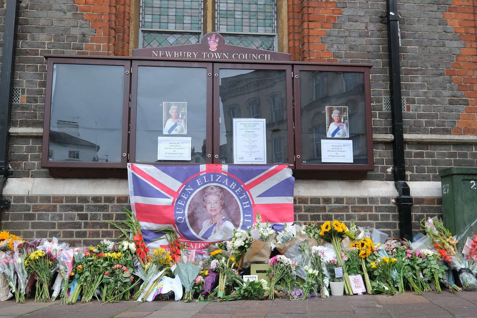Flowers left for the Queen outside Newbury Town Hall. Picture by Phil Cannings