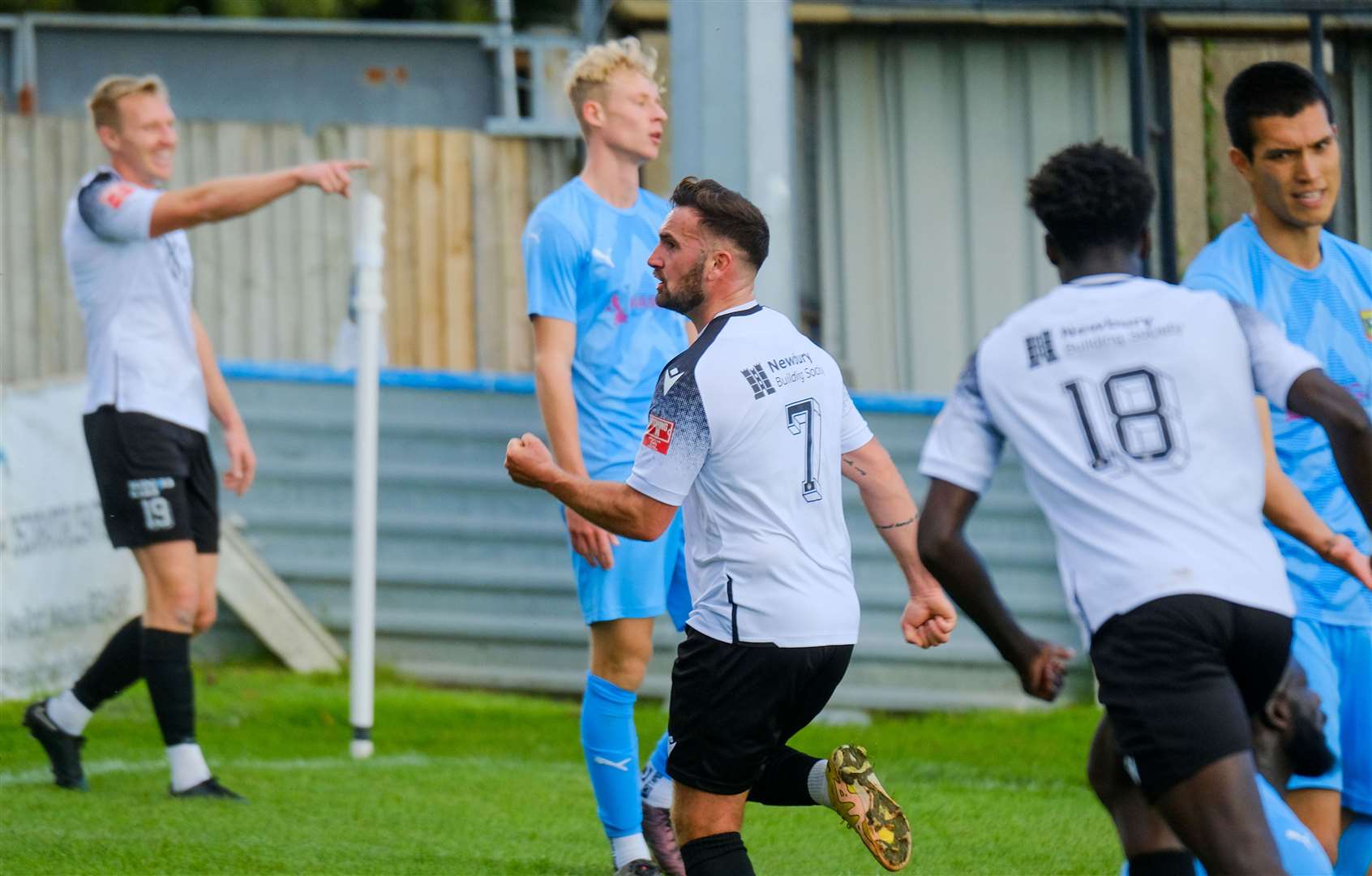 Former Bognor Regis midfielder Sam De St. Croix celebrates opening the scoring. Pictures by Phil Cannings