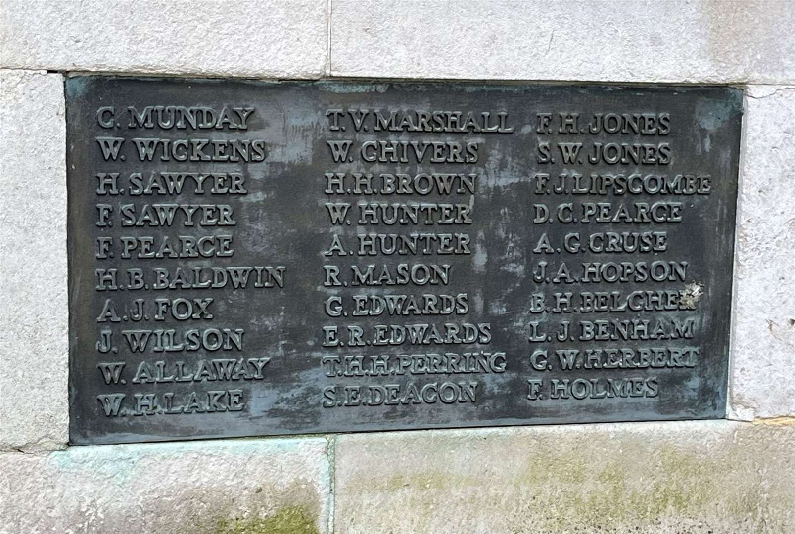 Horace Benjamin Baldwin listed on third tablet of Newbury War Memorial, first column, five names down