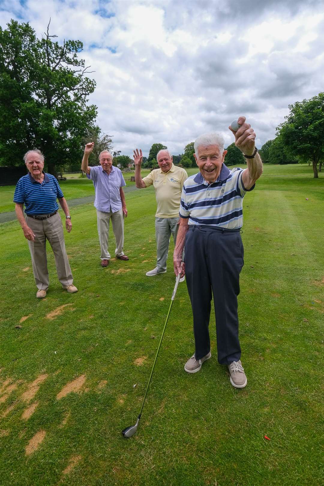 Jim Dearlove celebrates 100th Birthday with a game of golf..Tom (95), Ian (81) and Cliff (86)..Ref: 24-0221.