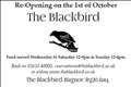 The Blackbird Re-Opening on the 1st of October 