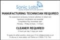 Manufacturing Technician and Cleaner Required