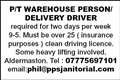 P/T Warehouse Person/Delivery Driver required