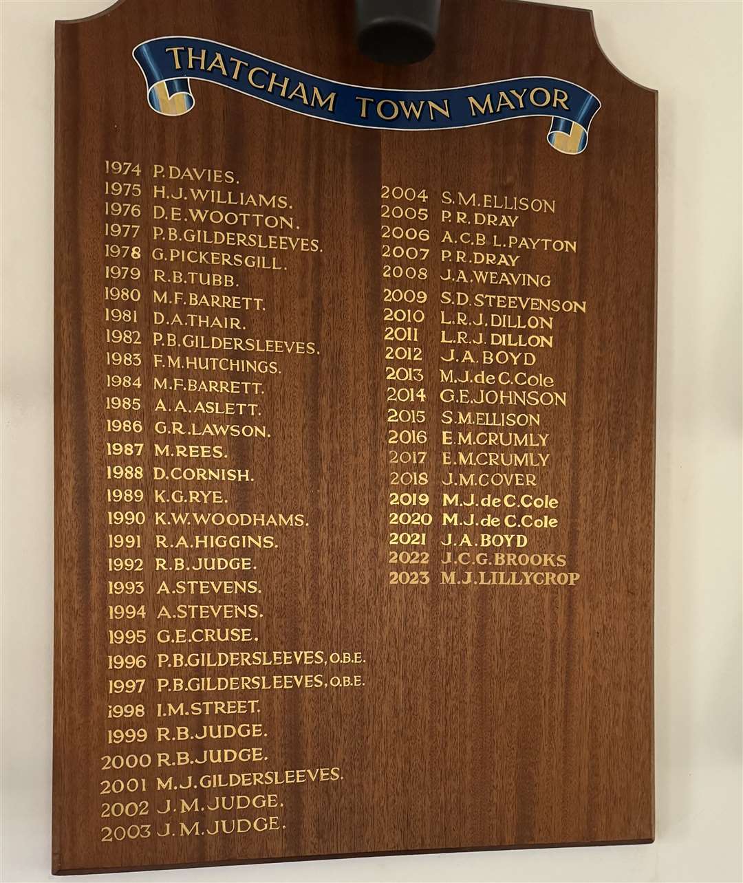 List of Thatcham mayors at the council offices in Brownsfield Road
