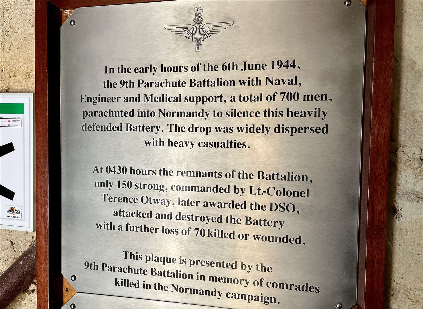 Memorial plaque at the Merville Battery. Credit: Mirek Gosney