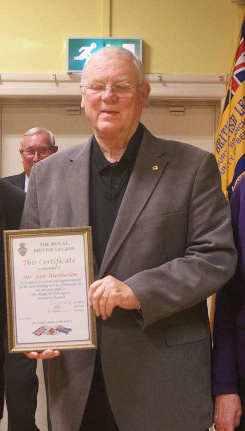 Mr Warburton being presented with a certificate from the Newbury RBL in 2019