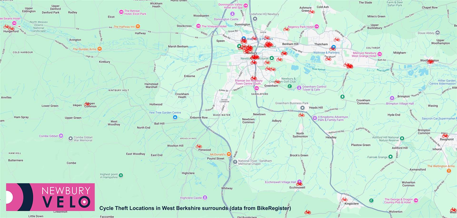 A map of recent reported bike thefts in the Newbury area