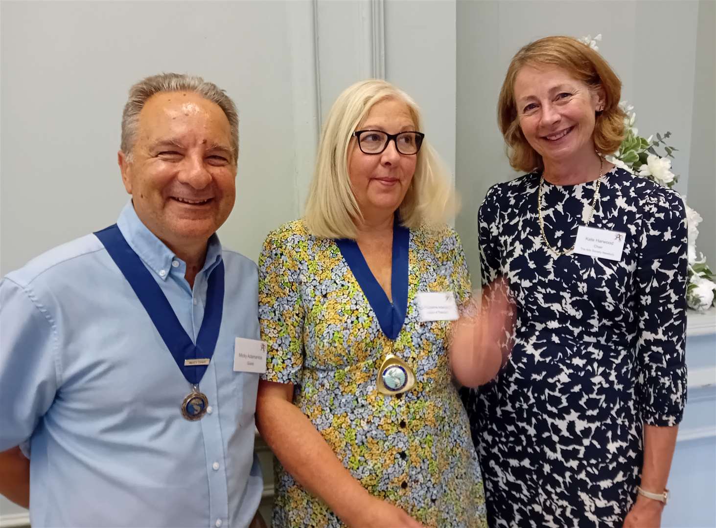 Arts Society Newbury 50: Mayor of Thatcham Suzanne Adamantos and her consort Mitch with Newbury society chairwoman Kate HarwoodSociety members celebrate 50 years in the arts at Shaw House, Newbury