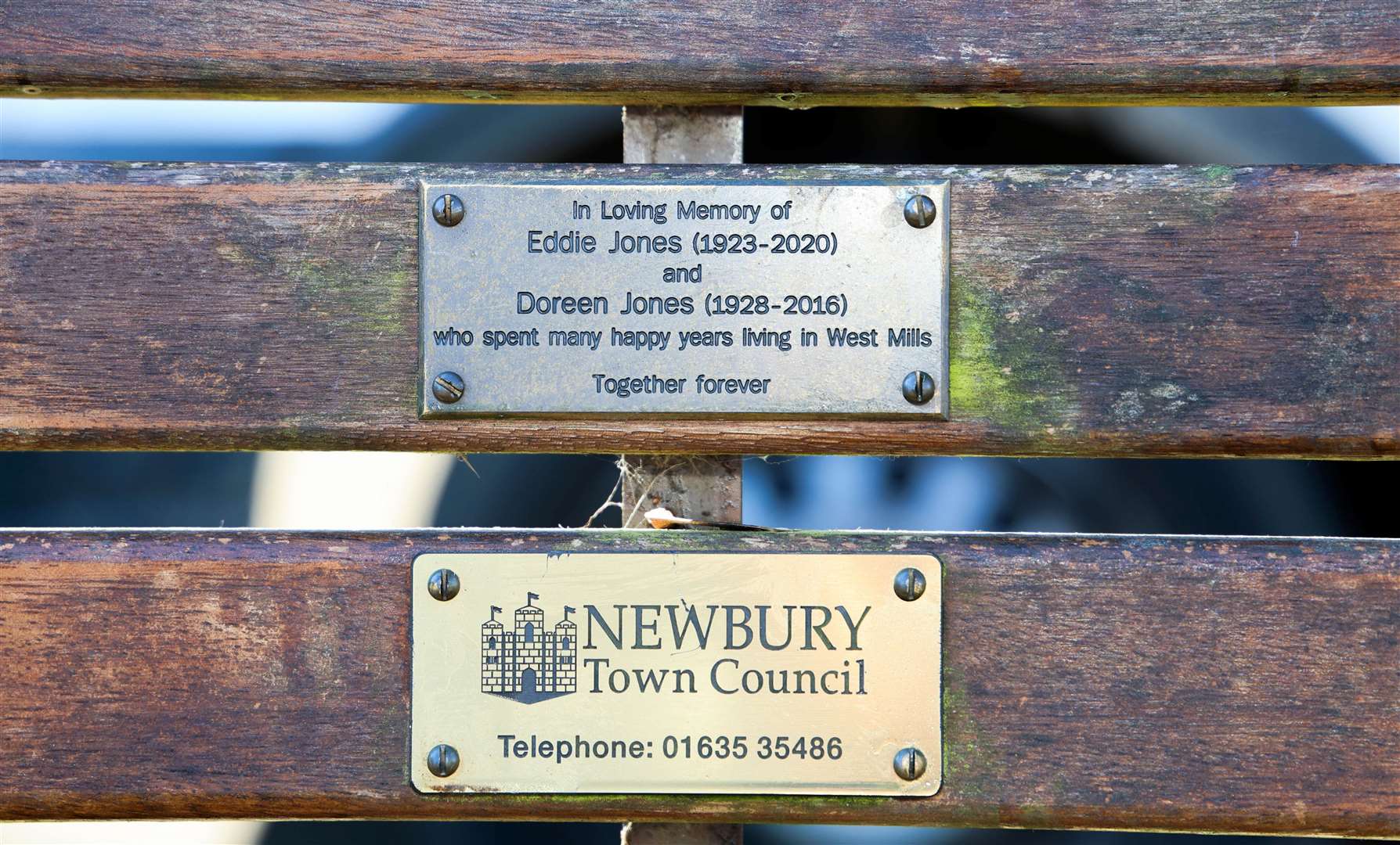 Inscription on the memorial bench dedicated to World War II veteran Eddie Jones in West Mills