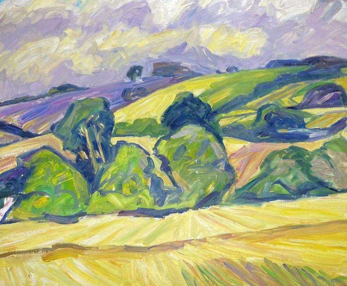 Stubble, trees, purple Ridgeway