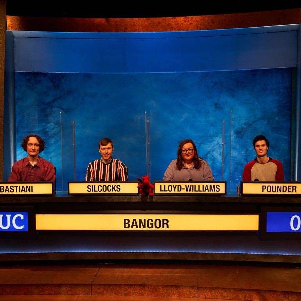 Bangor University team competing on University Challenge. Ro Pounder, right. Credit: BBC/Lifted Entertainment