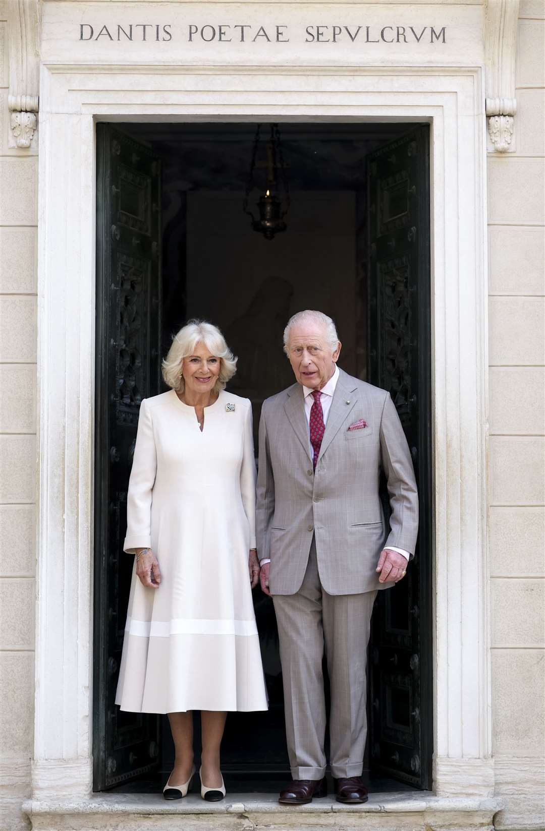 Charles and Camilla at Dante’s Tomb at the Piazza San Francesco in Ravenna (Phil Noble/PA)