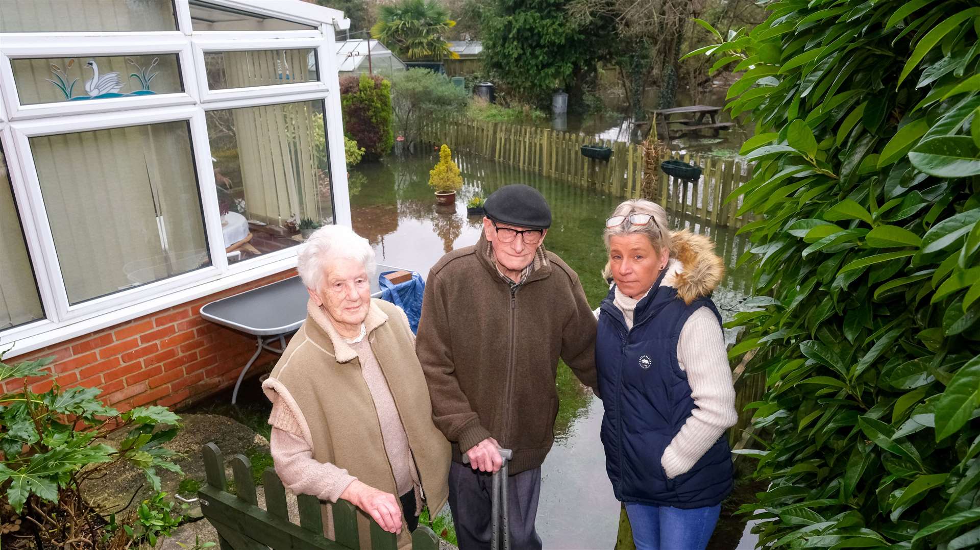 Kiln Road floods - Polly Hines with Neighbours Charlie and Vera Palmer