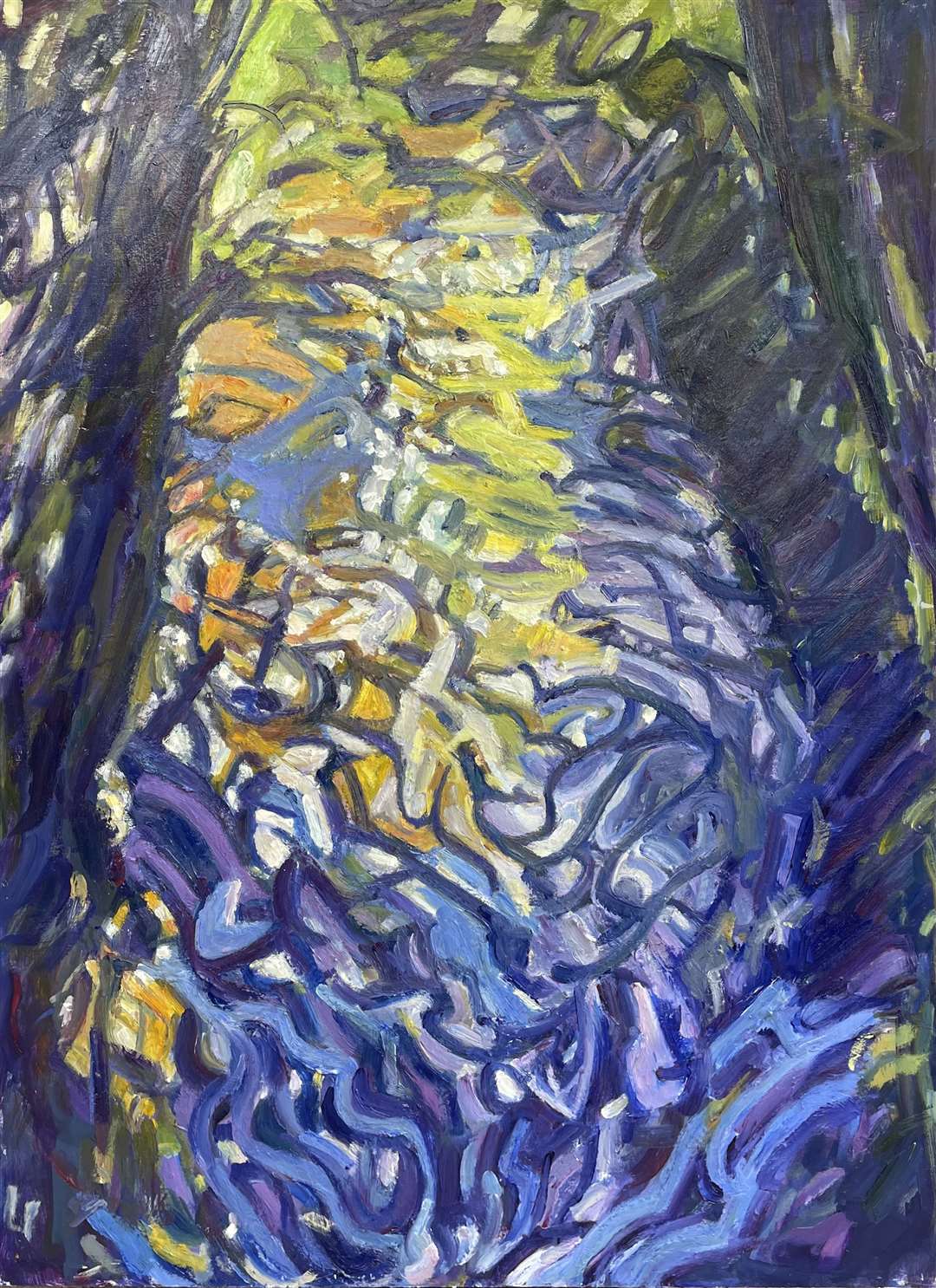 Nick Schlee: Sun on the Pang passing a backwater, oil pastel