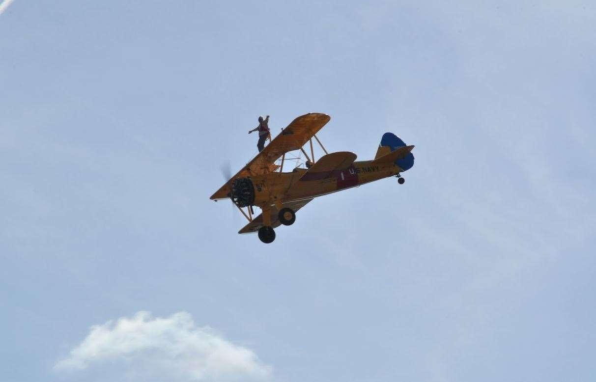 Teresa Dykes wing walking on her 75th birthday