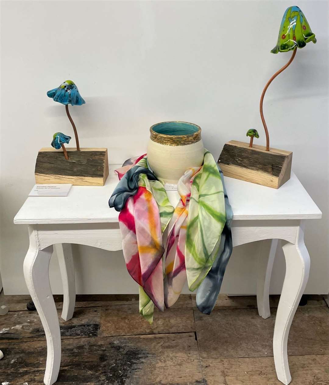 Glass mushrooms by Caroline Hodson, Silk scarves by Helen Mortimer, Bowl by Helen Williams