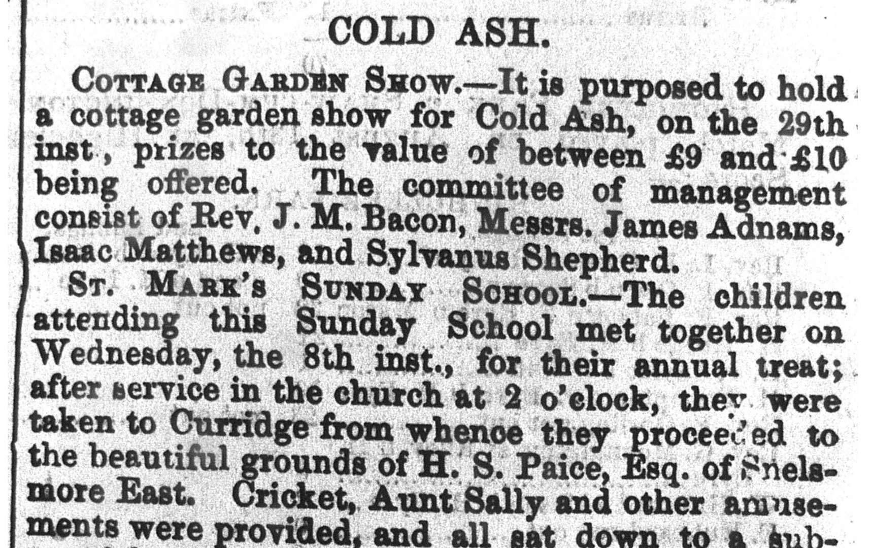 First mention of the Cold Ash Cottage Garden Show in The Newbury Weekly News on Thursday, August 23, 1877