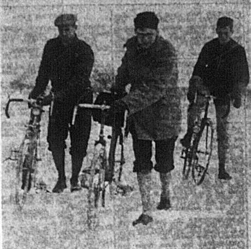 Road Club Members Walking in the Snow - Dave Jones, left and Arthur Frost, centre.