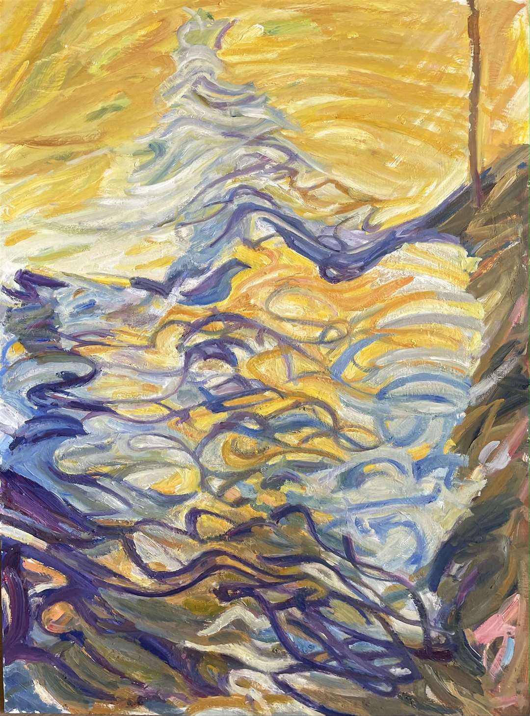 Nick Schlee: Fast stream joining the Thames over a ledge, oil on board