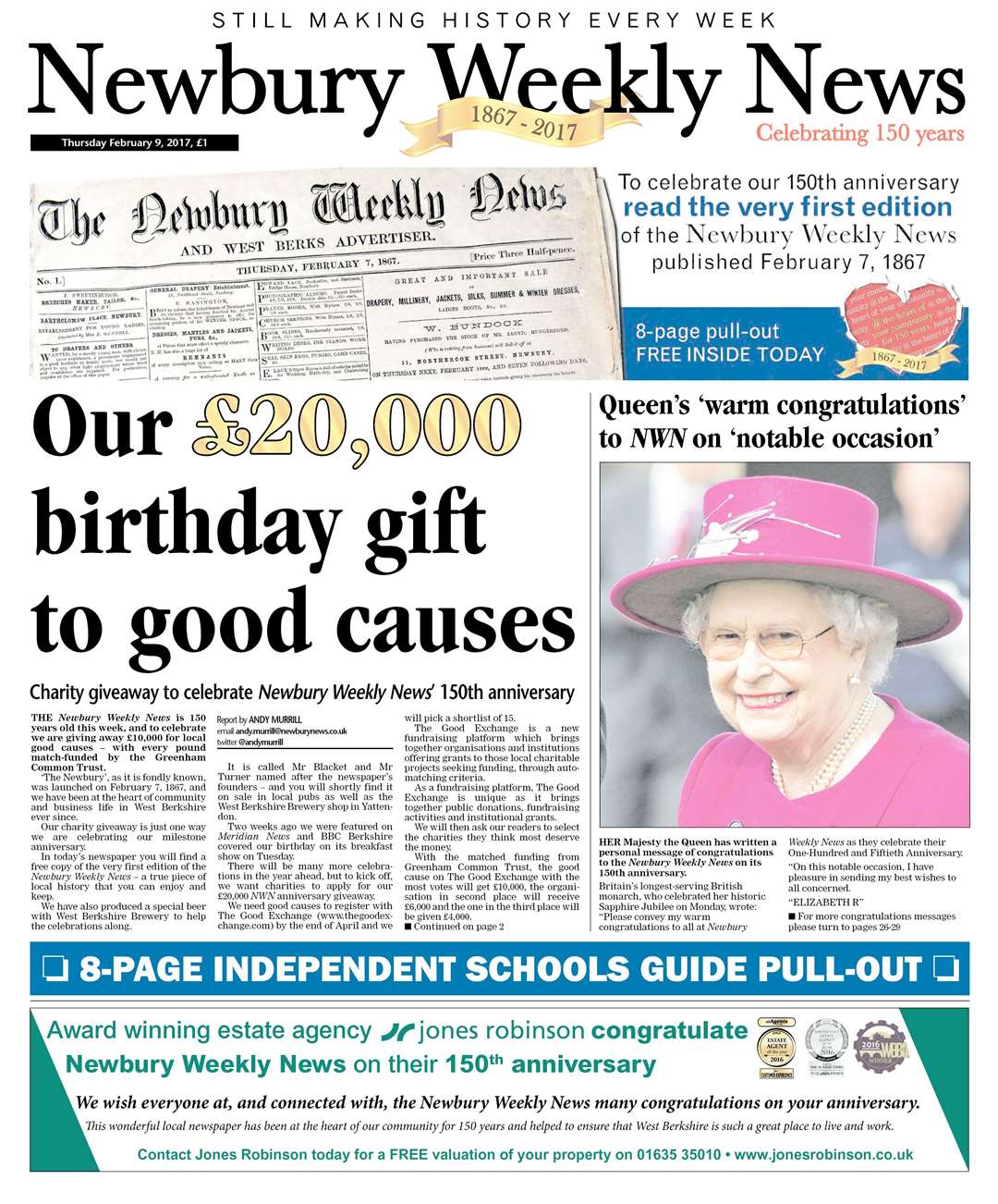 The Queen on the front page of the NWN after offering her congratulations on the paper's anniversary in 2017