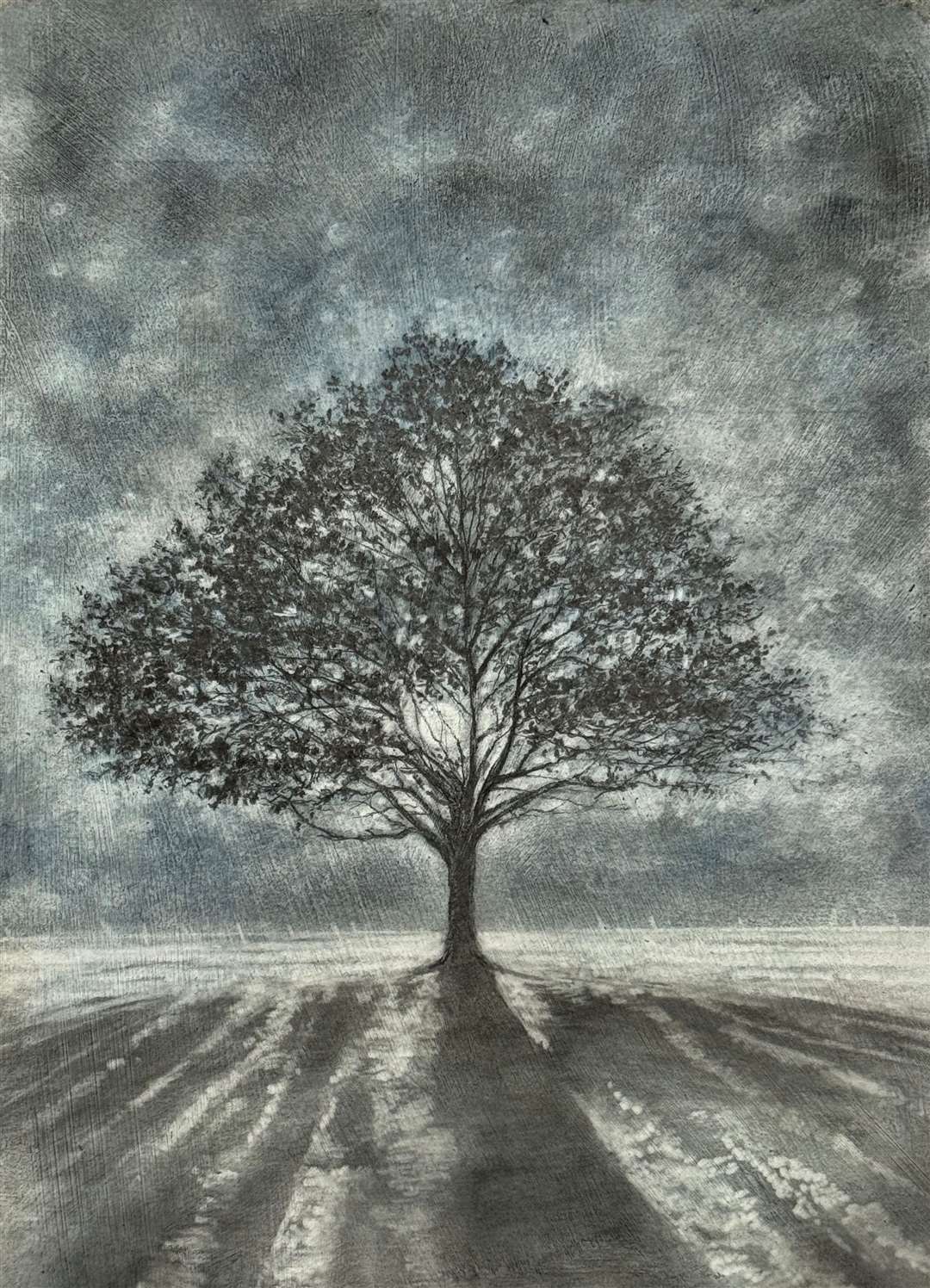 Heather McAteer This Must be the Place 2024/25. Graphite and chalk pastel on gessoed found paper. 24 x 18 cm
