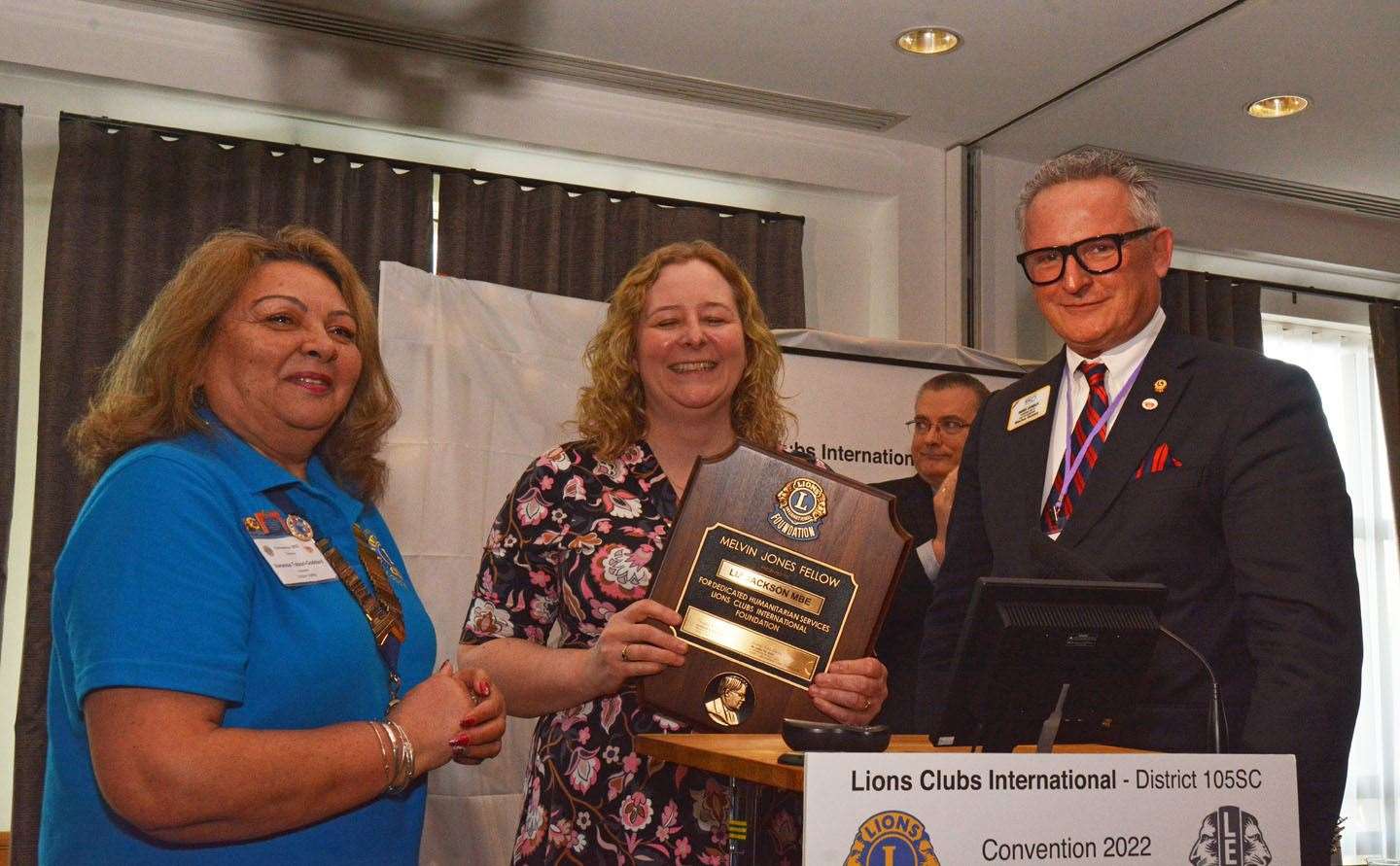 L-R: Loddon Valley Lions president Vanessa Tolson-Goddard, Dr Liz Jackson, Daniel Isenrich