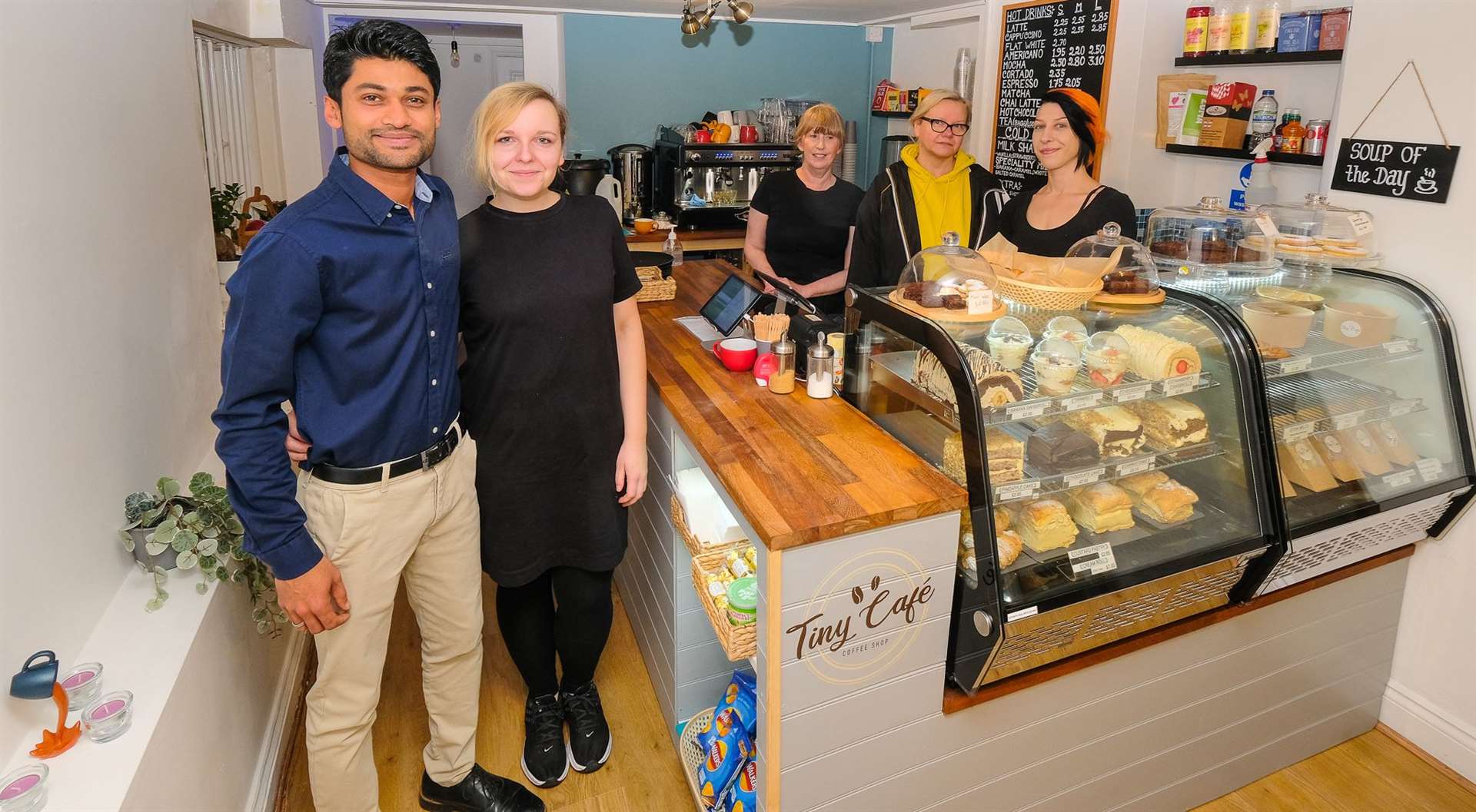 Tiny Café team - Imtiaz and Patricia with Tegwyn, Janette and Paige