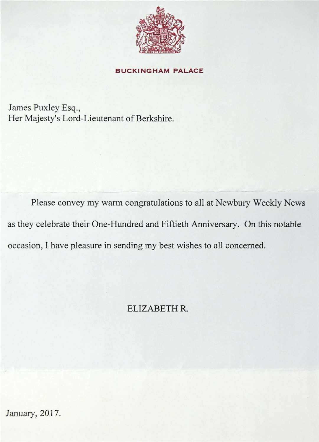 The Queen's letter to the Newbury Weekly News in January 2017