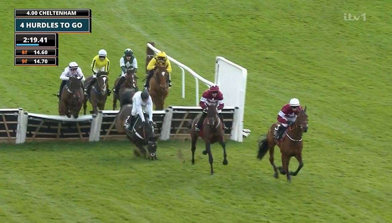 Nicky Henderson's Constitution Hill fell in the Champion Hurdle at the Cheltenham Festival - Images: ITV Racing