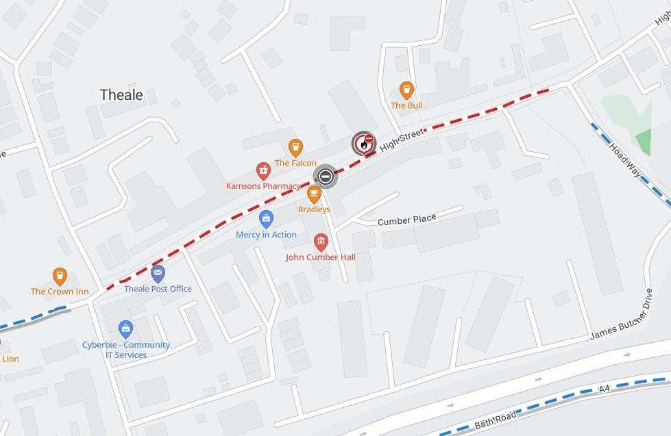 Site of the planned one-way diversion due to the partial closure of Theale High Street. Credit: Onenetwork