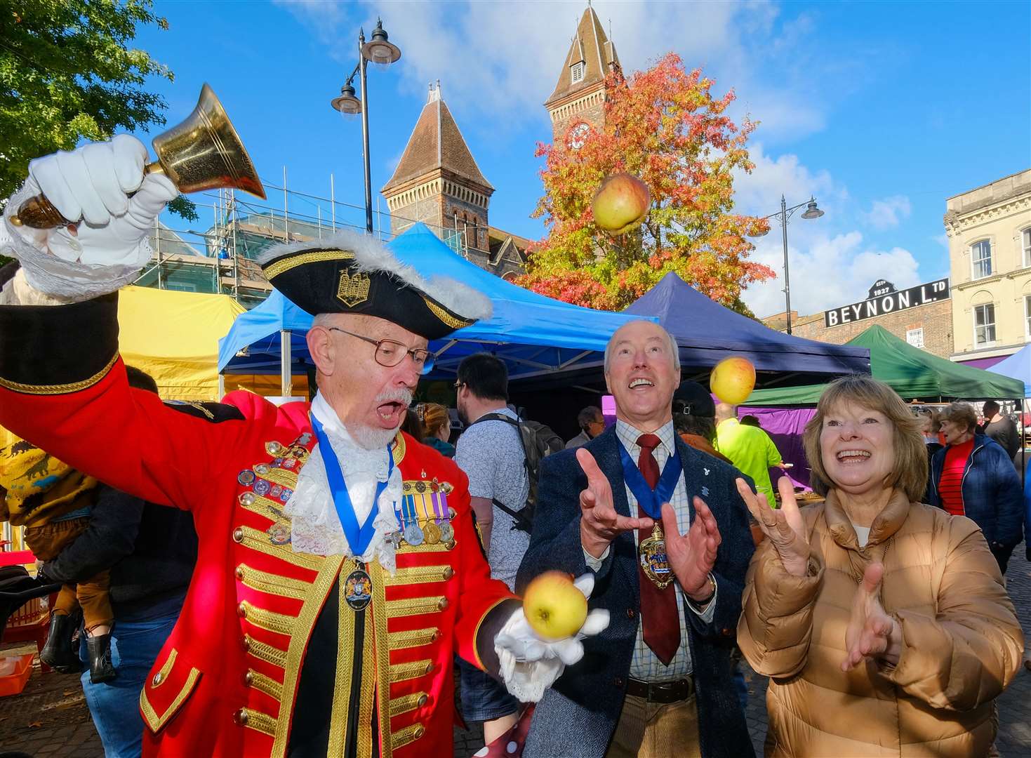 Launching Newbury Apple Day - Mayor of Newbury Nigel foot with Town Crier Brian Sylvester and Mayoress Sarah Slack