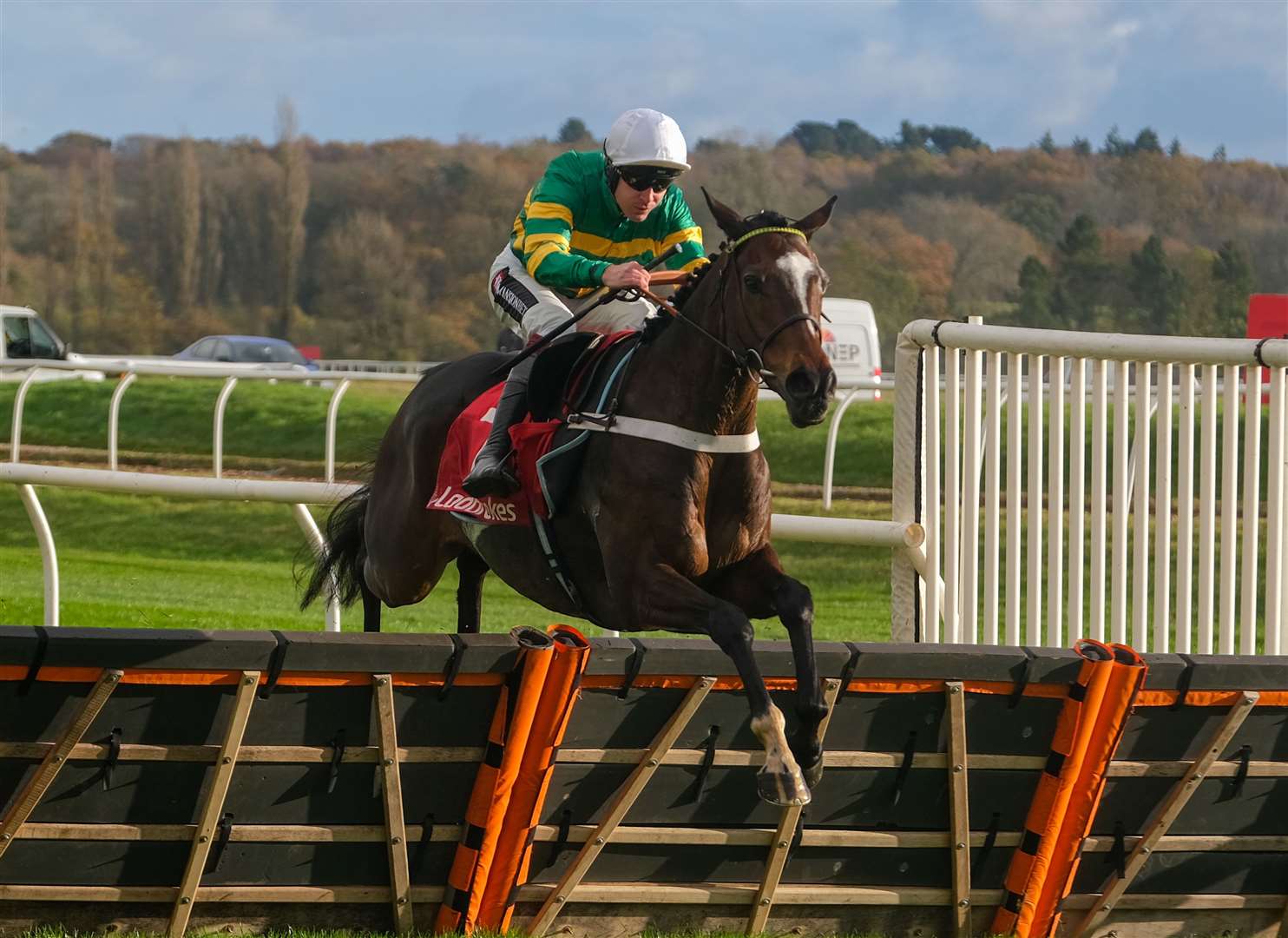 Jonbon and Aidan Coleman winning the Play Ladbrokes 5-A-Side On Football 'National Hunt' Maiden Hurdle at Newbury
