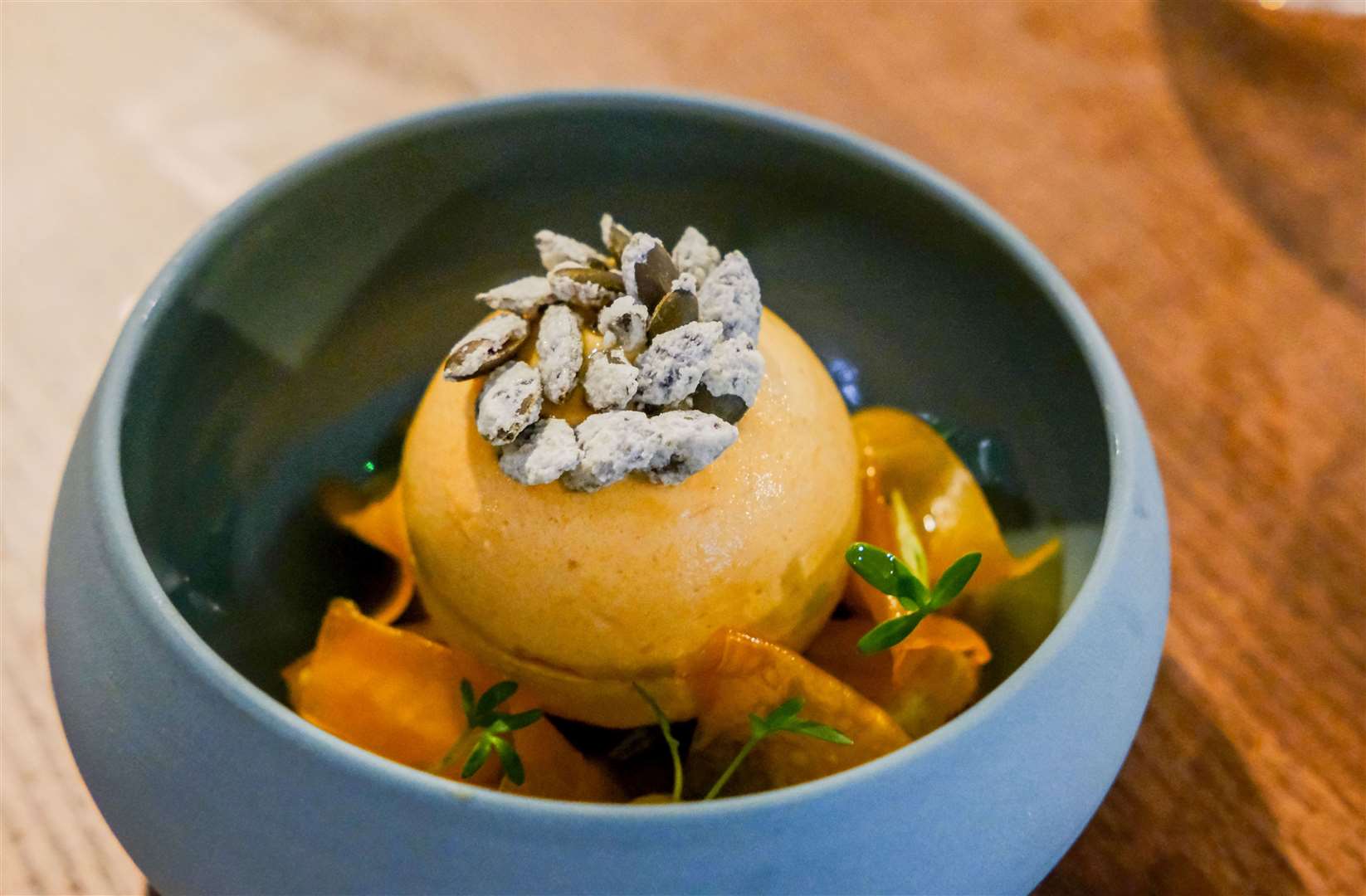 Pumpkin parfait, spiced biscuit, pickled pumpkin and bitter orange
