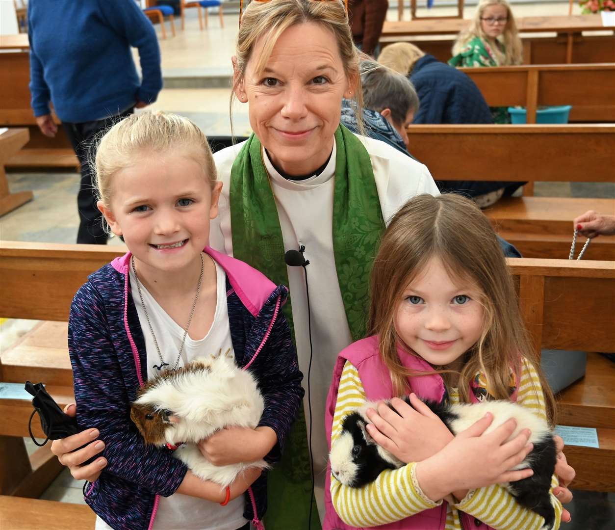The Rev Becky Bevan with Connie Maunders (6), Sparkler, Matilda Hogg (6) and Oreo.