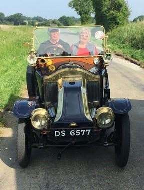 I have owned this 1913 Renault AX for the last twenty six years ,and have been to France nearly every year . The engine is a 9hp and is two cylinders , over the years I have changed the colour of the car, made new wheels and running boards and the car is now fitted with French lighting by Ducellier and Bleriot . The Renault is quite happy running at just over 30 miles per hour .