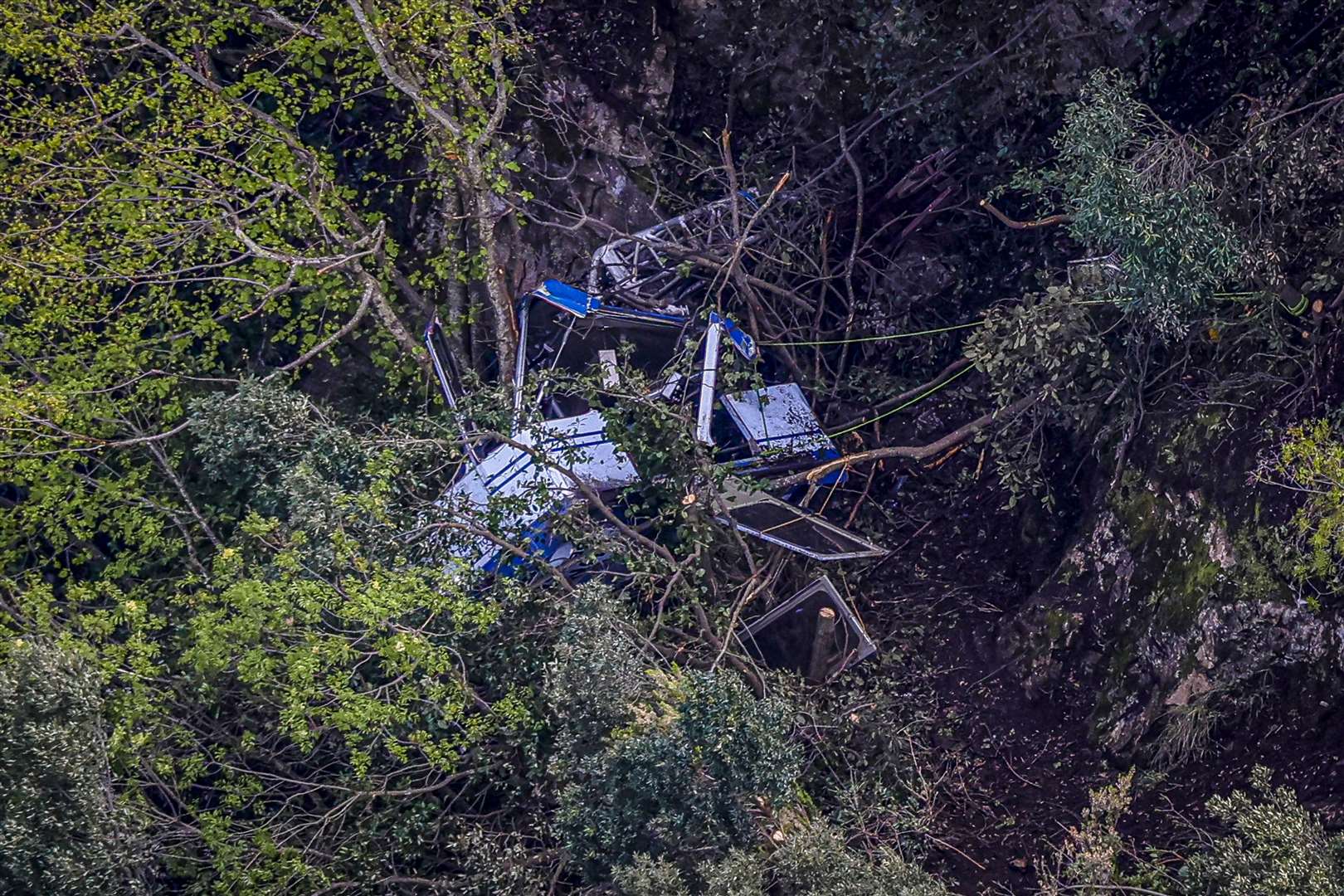 An aerial view of the crashed gondola of the cable car near the top of Mt Faito (Salvatore Laporta/AP)