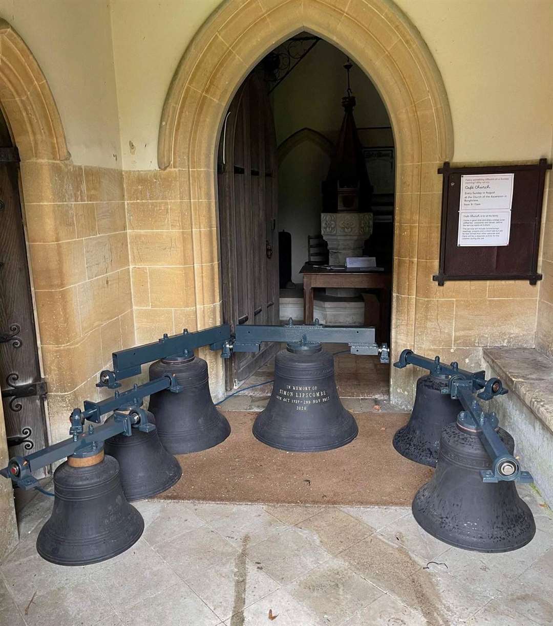 The six new bells, the largest of which is inscribed with Simon Lipscombe’s name