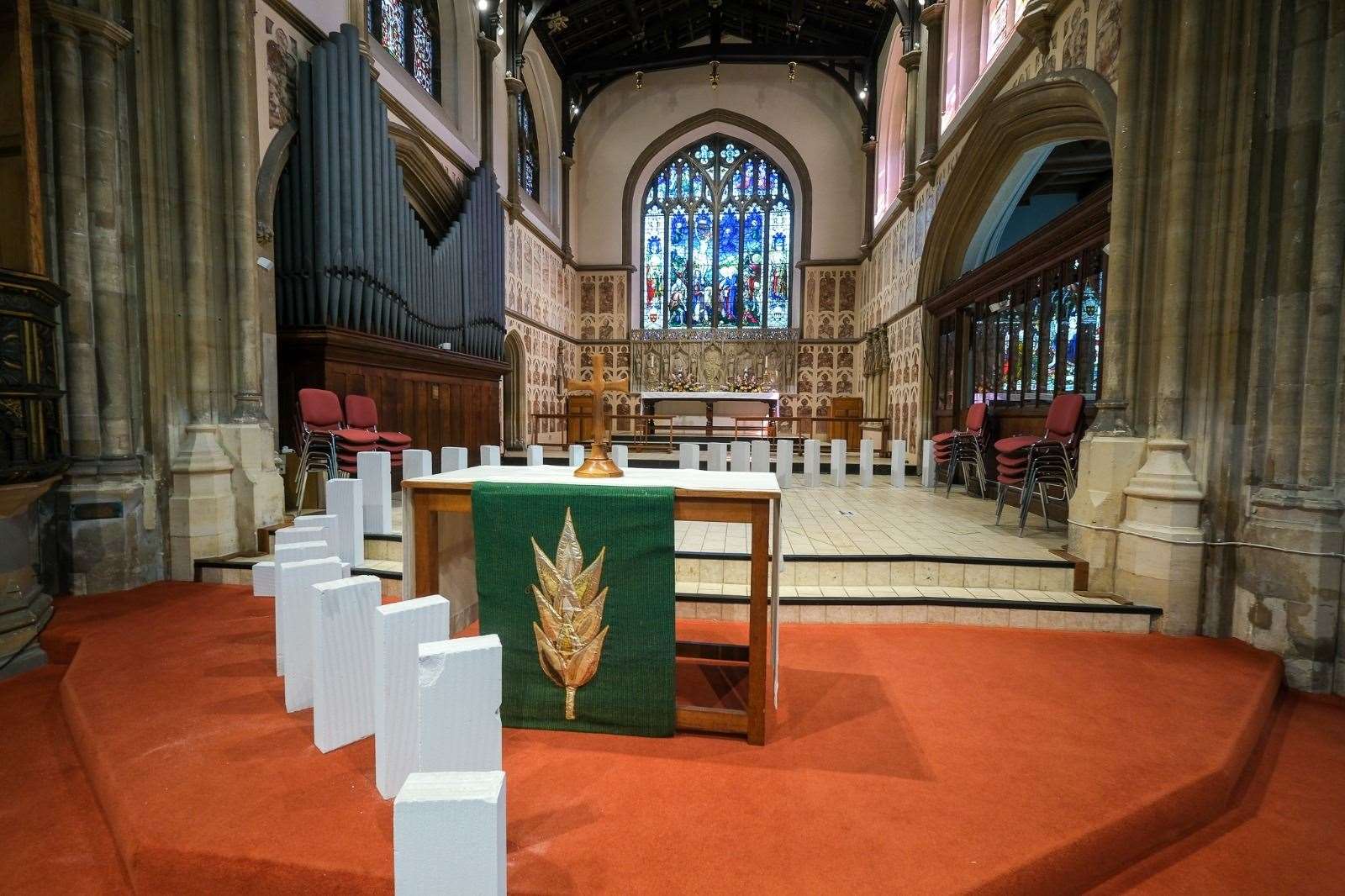 Dominoes lined up in the Church