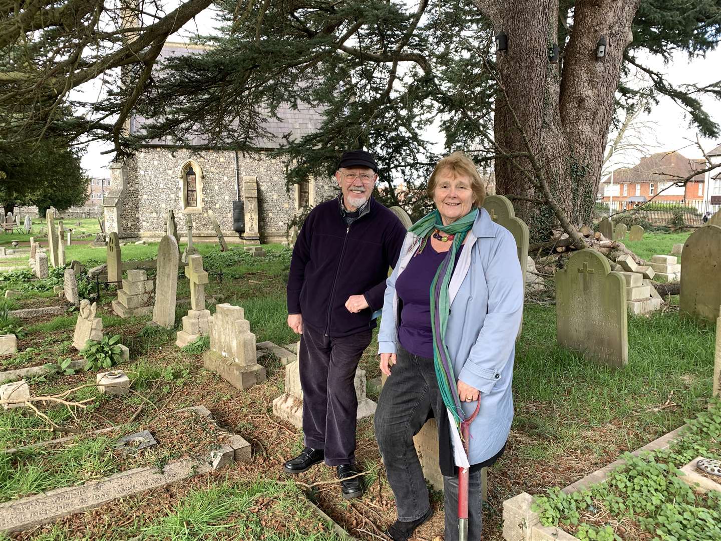 Ros Clow and Brian Sylvester by one of the donated cedars (55573268)