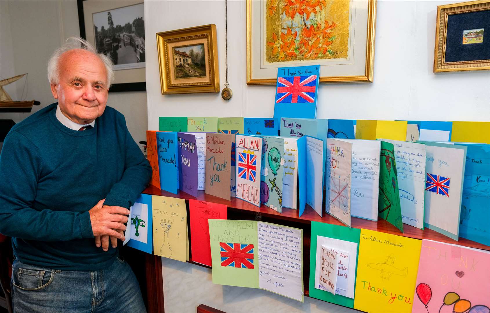 Allan with almost 40 ‘thank you’ cards he received after his recent history talk
