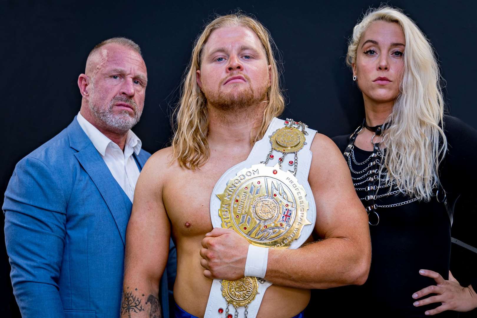 Doug Williams, Chris Bronson and LA Taylor at British Kingdom Pro Wrestling event in Thatcham - Photo: Emma Meek
