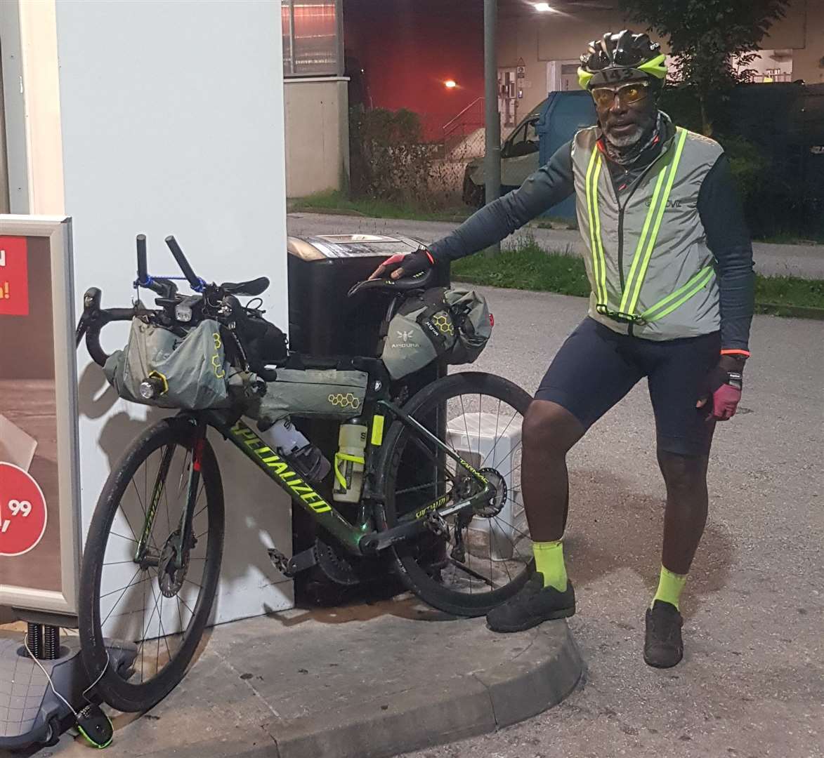 Mr Bobb taking a break on his gruelling ride across Europe