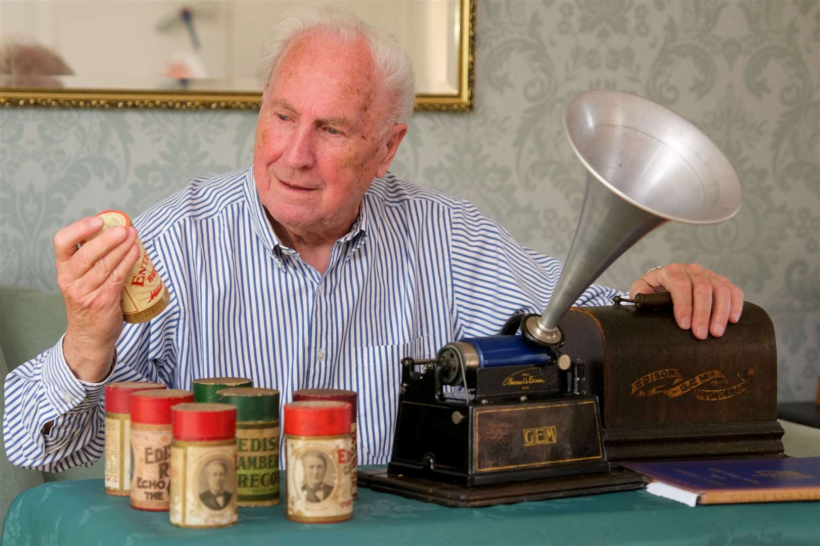 Peter Boyce with his antique phonograph which was fixed at Newbury and Thatcham Repair Café