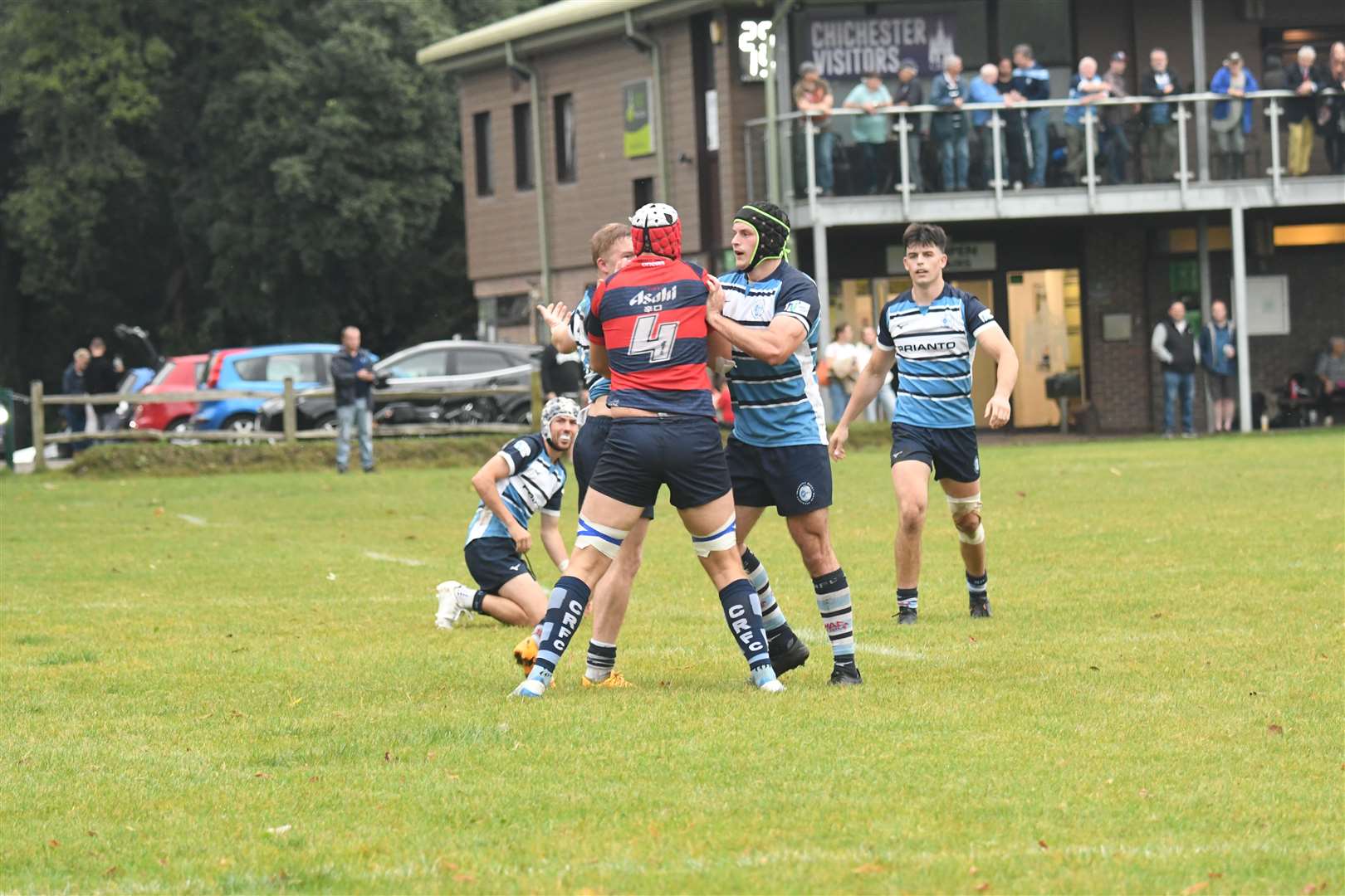 Newbury Blues' Ben Hicks confronts a Chichester player - Photo: Peter Branch