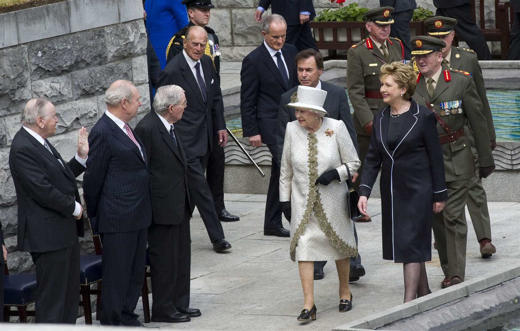 Queen Elizabeth II and Irish President Mary McAleese arrive to lay wreaths at the Garden of Remembrance in Dublin city centre, which honours all those who fought for Irish freedom from British rule, in 2011 (Maxwells/PA)