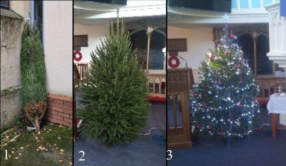 Christmas Tree from delivery, to positioning in Church, to final decoration