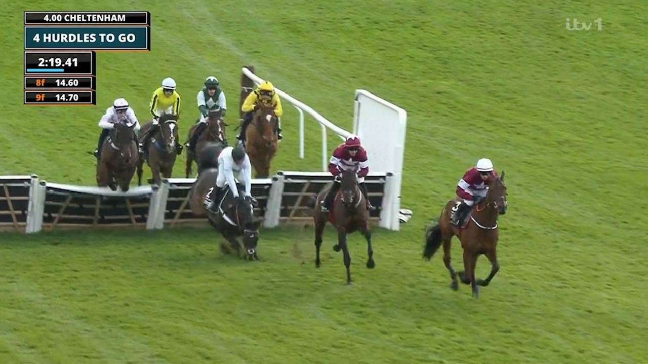 Nicky Henderson's Constitution Hill fell in the Champion Hurdle at the Cheltenham Festival - Images: ITV Racing
