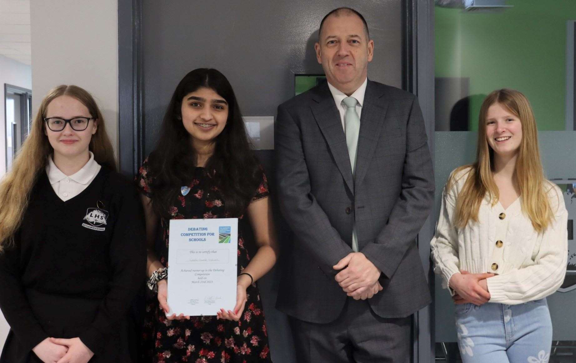 Year 12 pupils Elisa and Adhira, headteacher David Ramsden and Year 11 pupil Keira from Little Heath School
